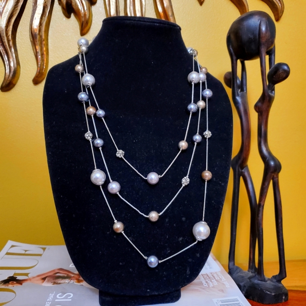 78" Faux Tahitan Pearl Rhinestone Silvertone Necklace